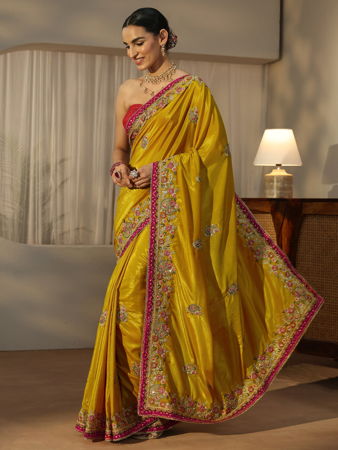  Libas Mustard Floral Embroidered Tissue Saree 