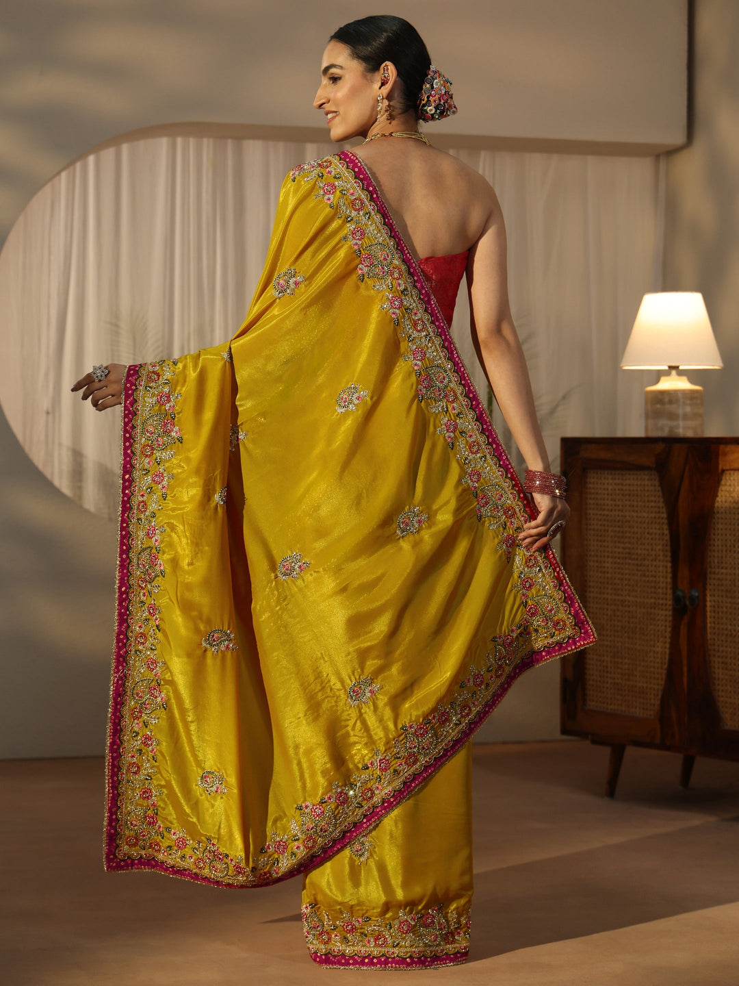  Libas Mustard Floral Embroidered Tissue Saree 