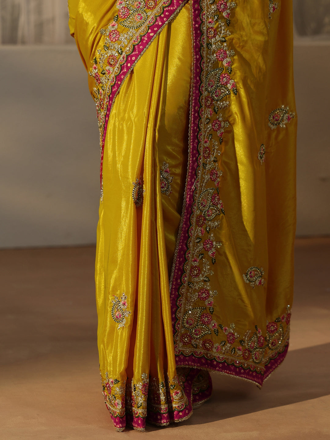  Libas Mustard Floral Embroidered Tissue Saree 