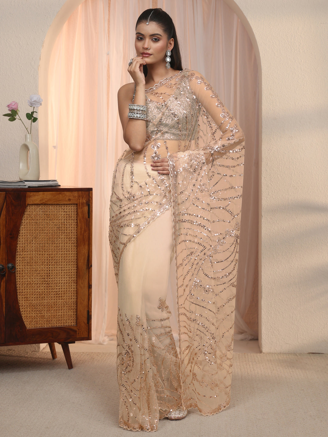  Libas Art Taupe Sequin Embellished Net Saree with Scalloped Border 