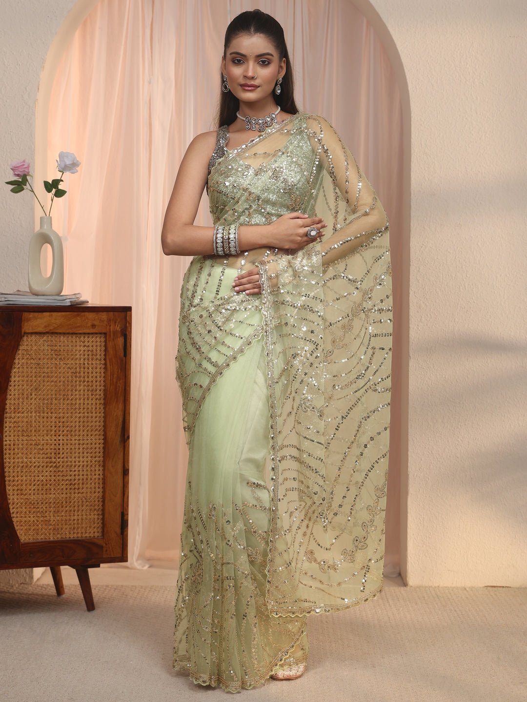  Libas Art Green Sequin Embellished Net Saree with Scalloped Border 