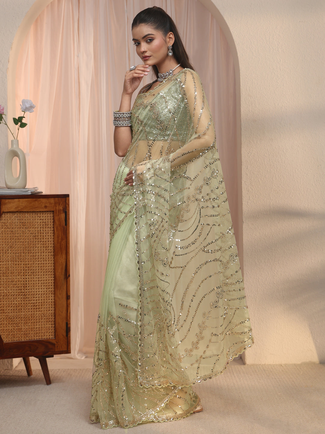  Libas Art Green Sequin Embellished Net Saree with Scalloped Border 