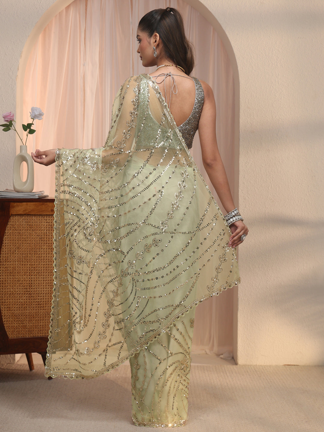  Libas Art Green Sequin Embellished Net Saree with Scalloped Border 