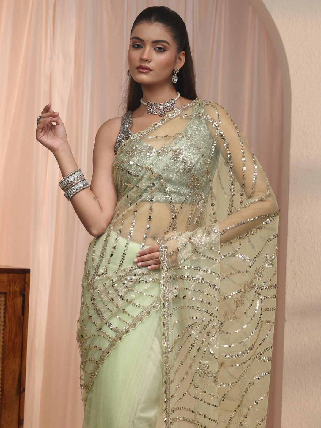  Libas Art Green Sequin Embellished Net Saree with Scalloped Border 