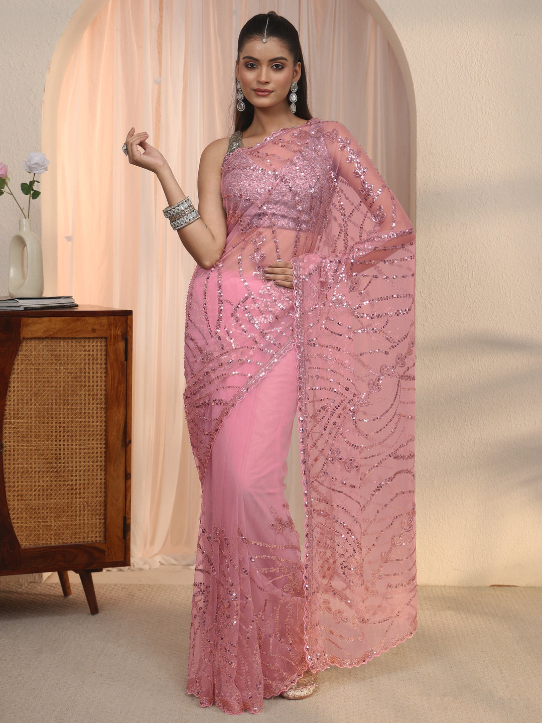  Libas Art Pink Sequin Embellished Net Saree with Scalloped Border 