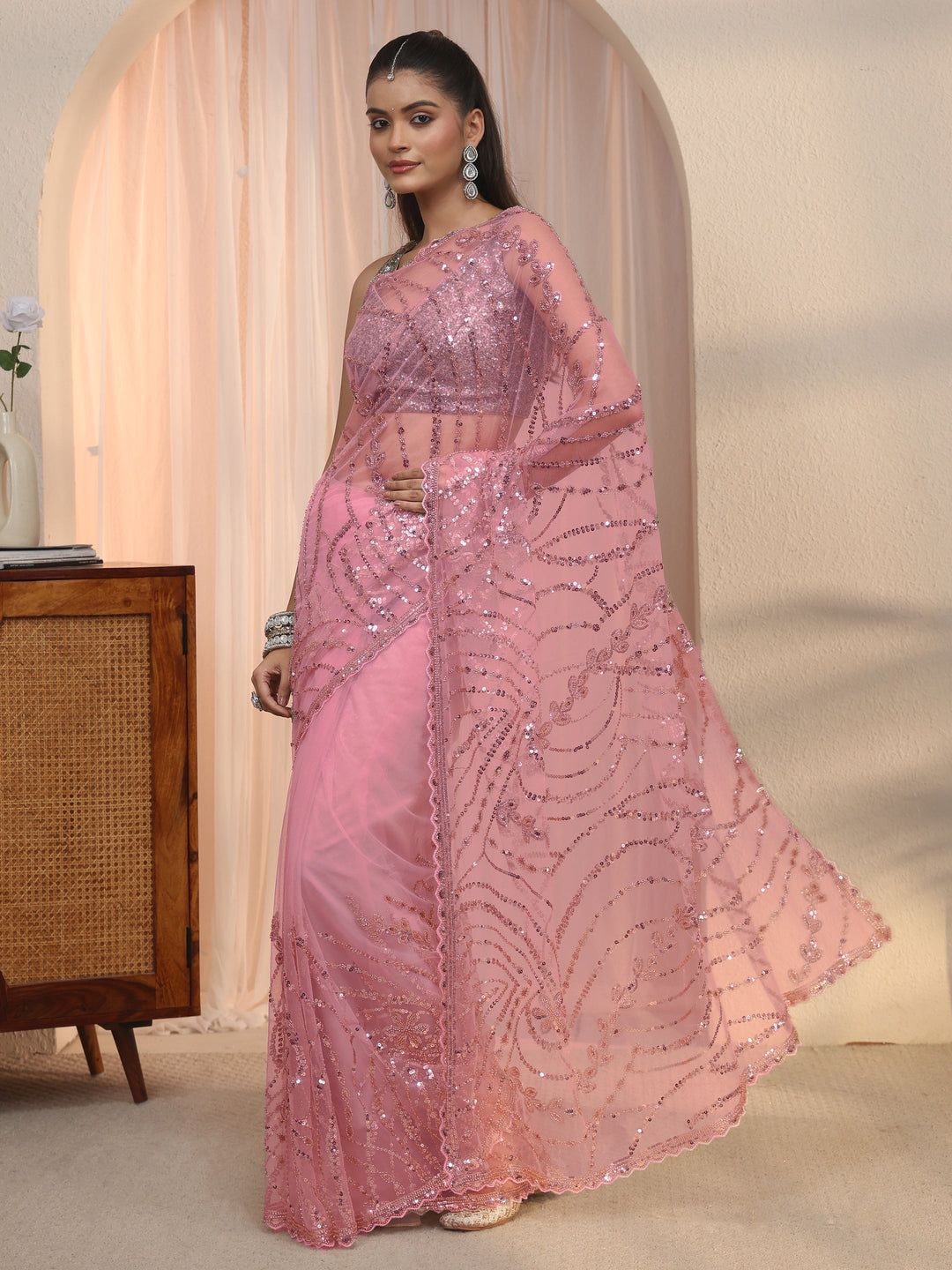  Libas Art Pink Sequin Embellished Net Saree with Scalloped Border 