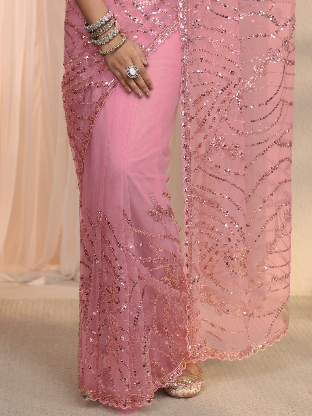  Libas Art Pink Sequin Embellished Net Saree with Scalloped Border 