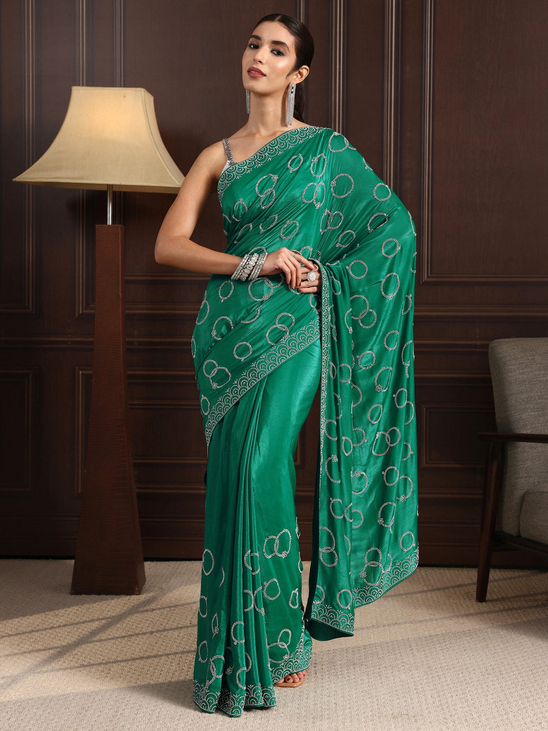  Libas Green Stone Work Embellished Satin Saree 