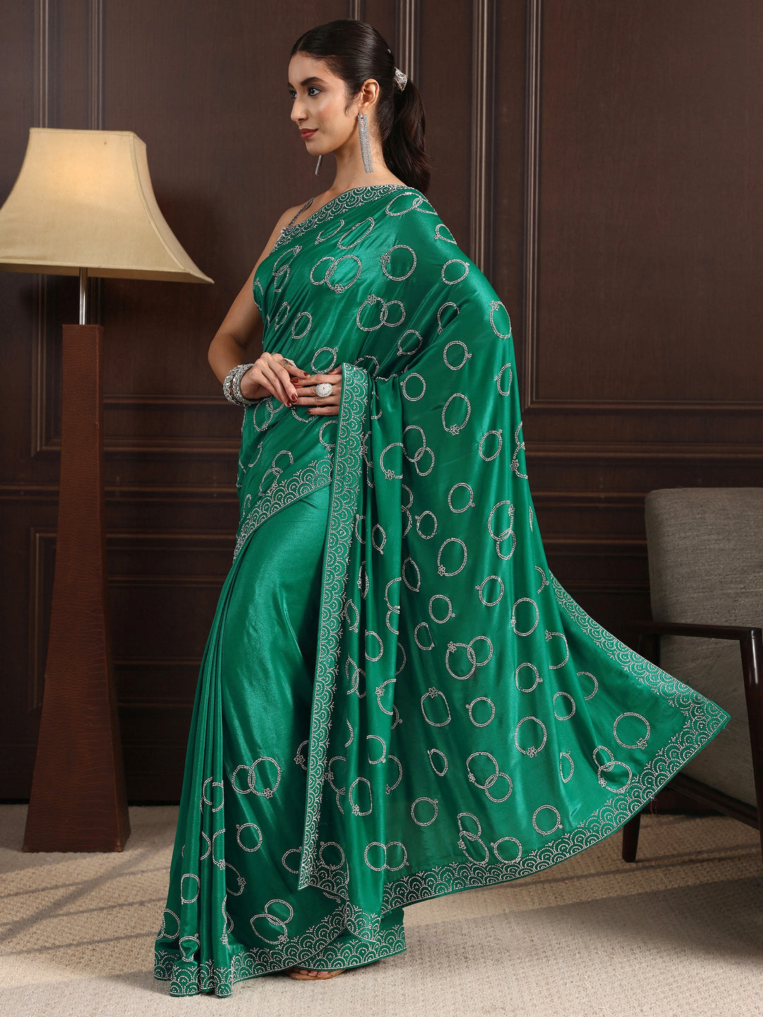  Libas Green Stone Work Embellished Satin Saree 
