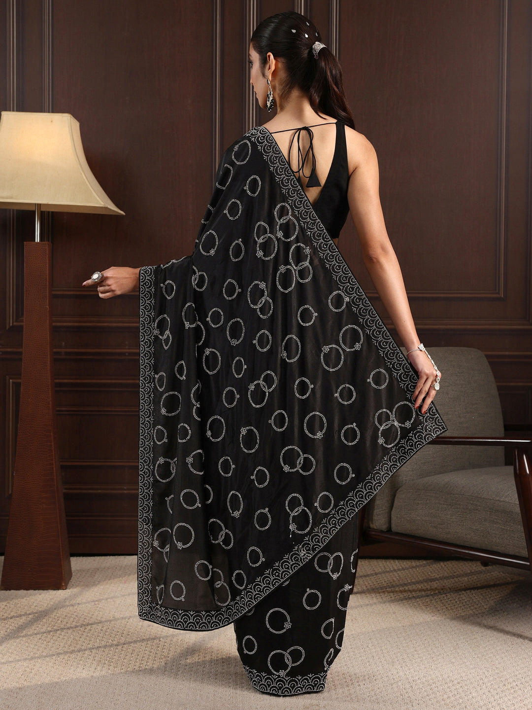  Libas Black Stone Work Embellished Satin Saree 