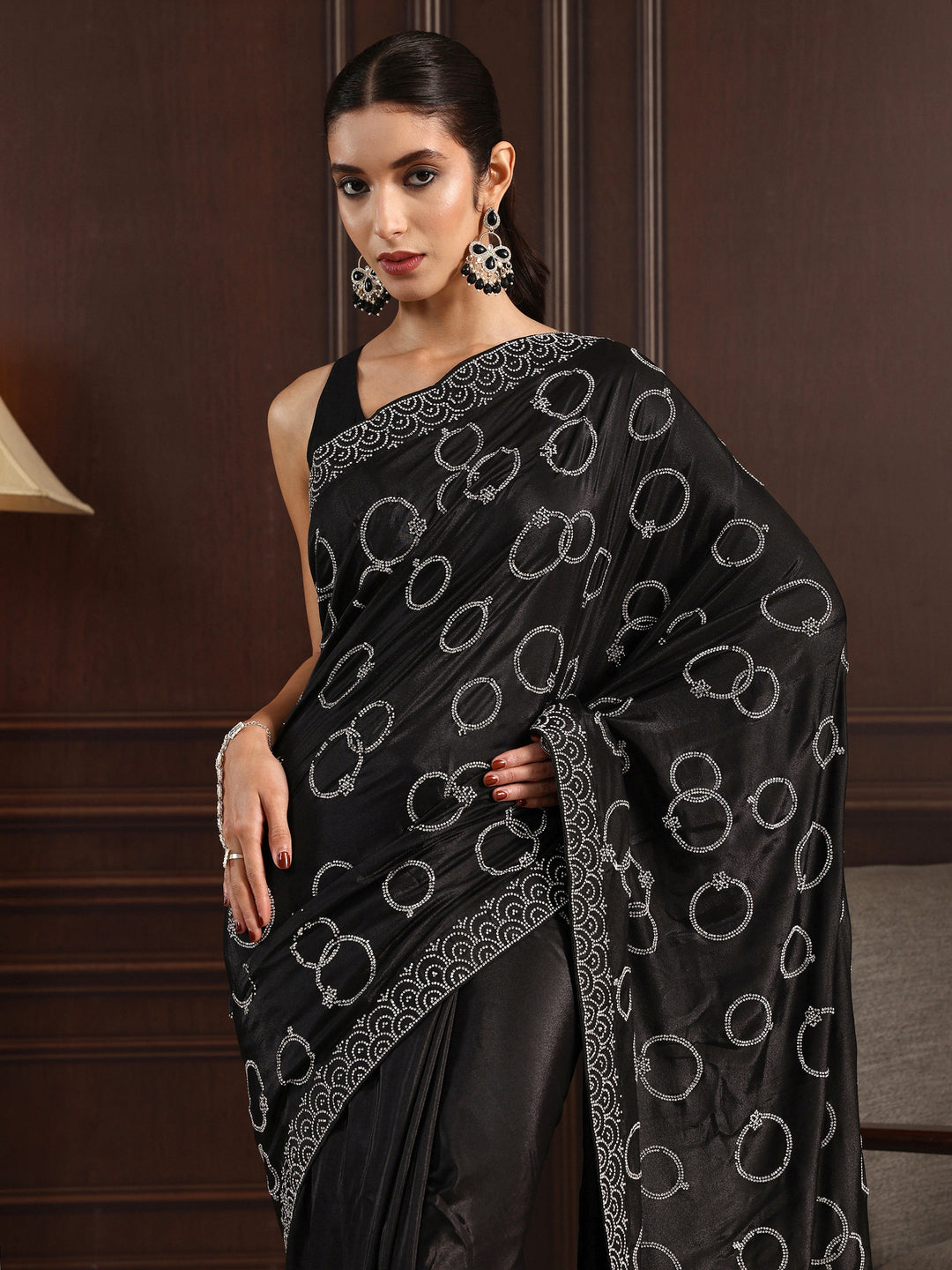  Libas Black Stone Work Embellished Satin Saree 