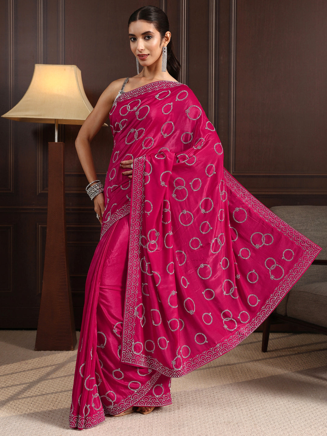  Libas Pink Stone Work Embellished Satin Saree 