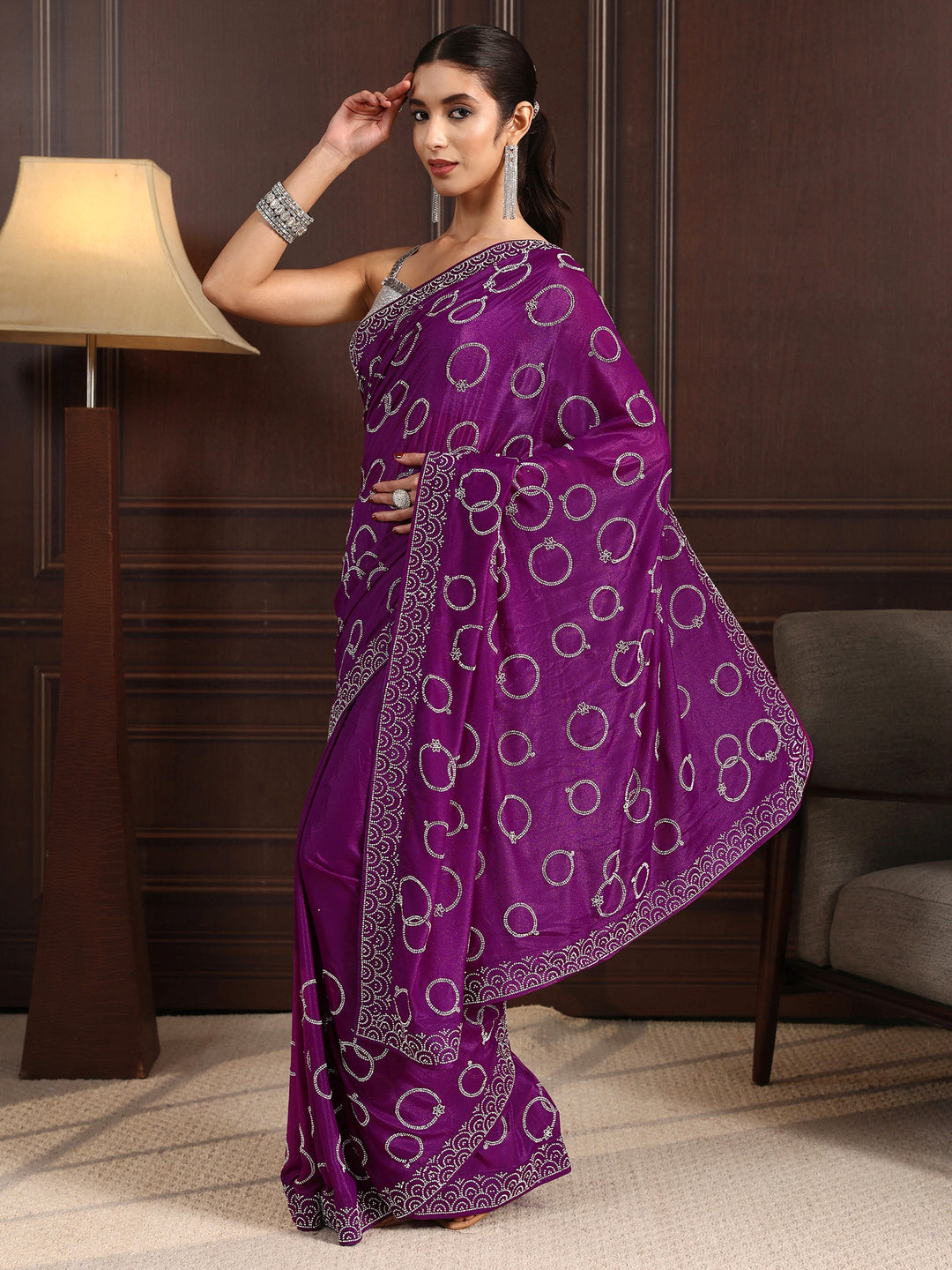  Libas Burgundy Stone Work Embellished Satin Saree 