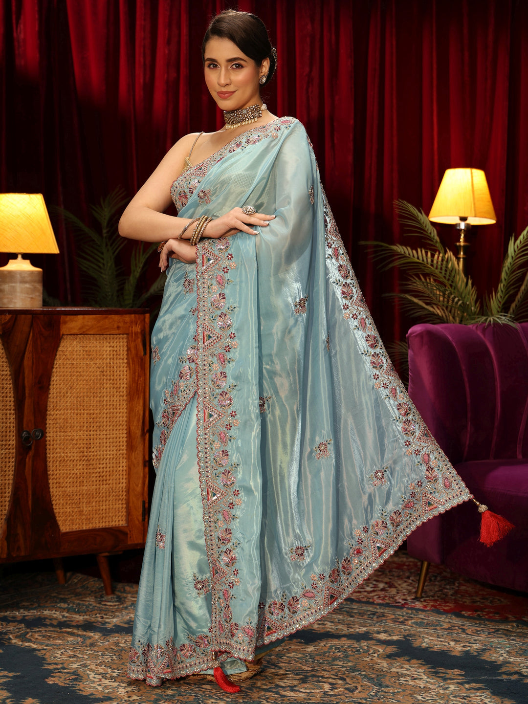  Libas Aqua Blue Floral Satin Saree with Embroidered Border 