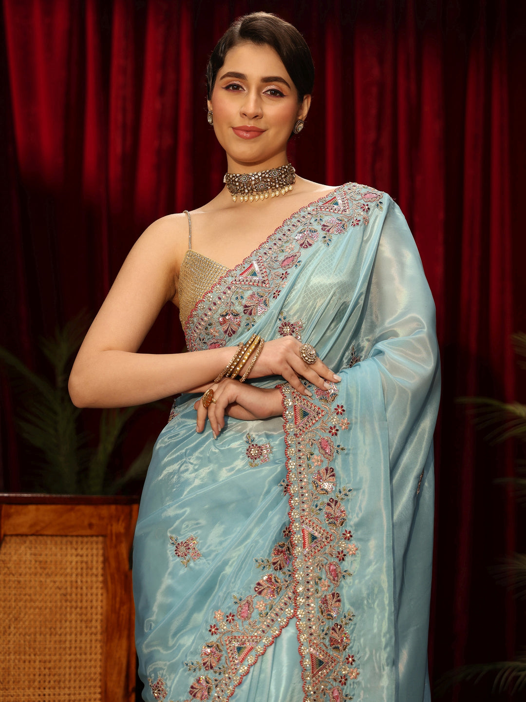  Libas Aqua Blue Floral Satin Saree with Embroidered Border 