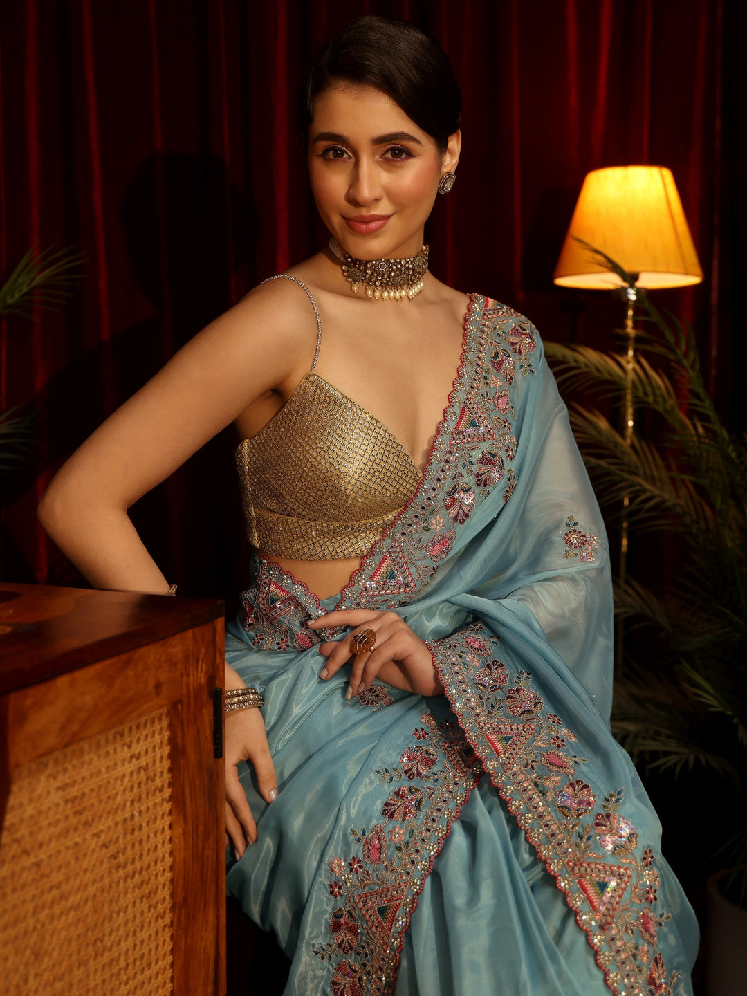  Libas Aqua Blue Floral Satin Saree with Embroidered Border 