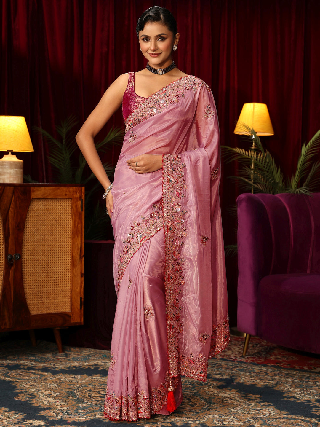  Libas Peach Floral Satin Saree with Embroidered Border 