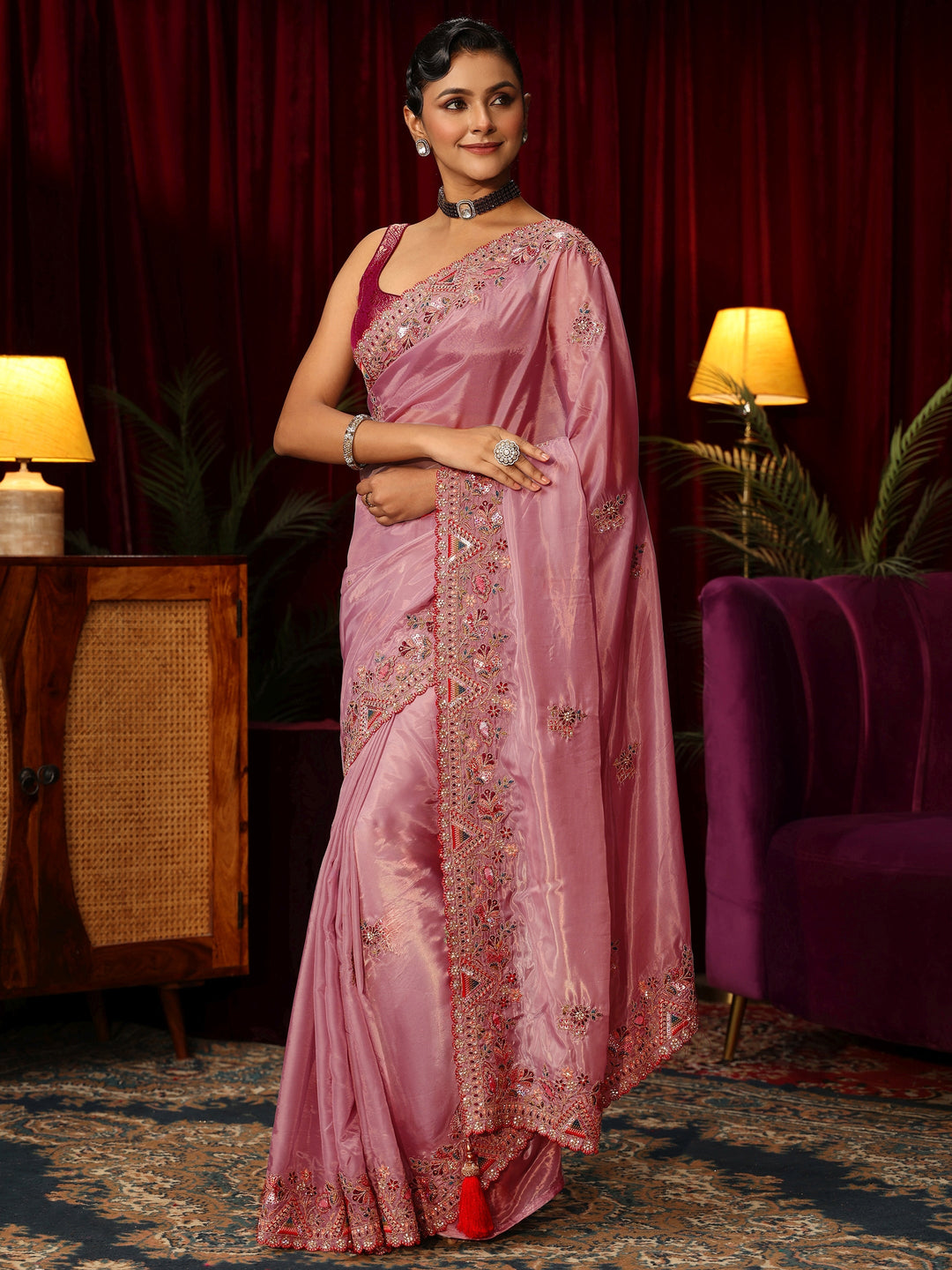  Libas Peach Floral Satin Saree with Embroidered Border 