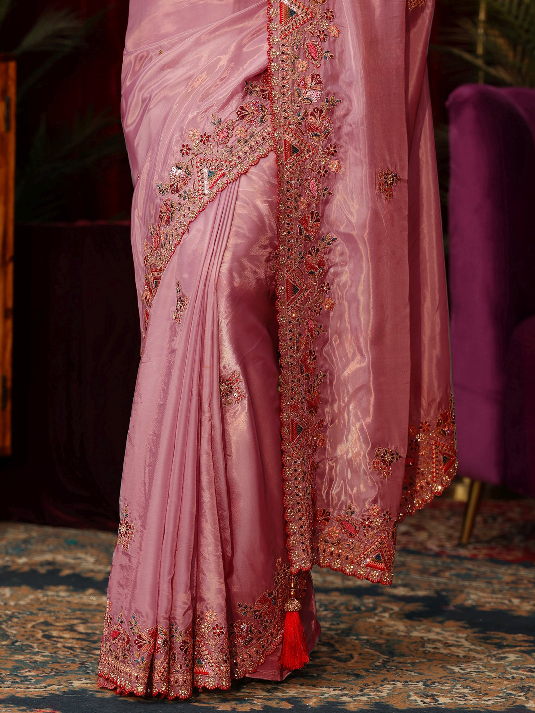  Libas Peach Floral Satin Saree with Embroidered Border 