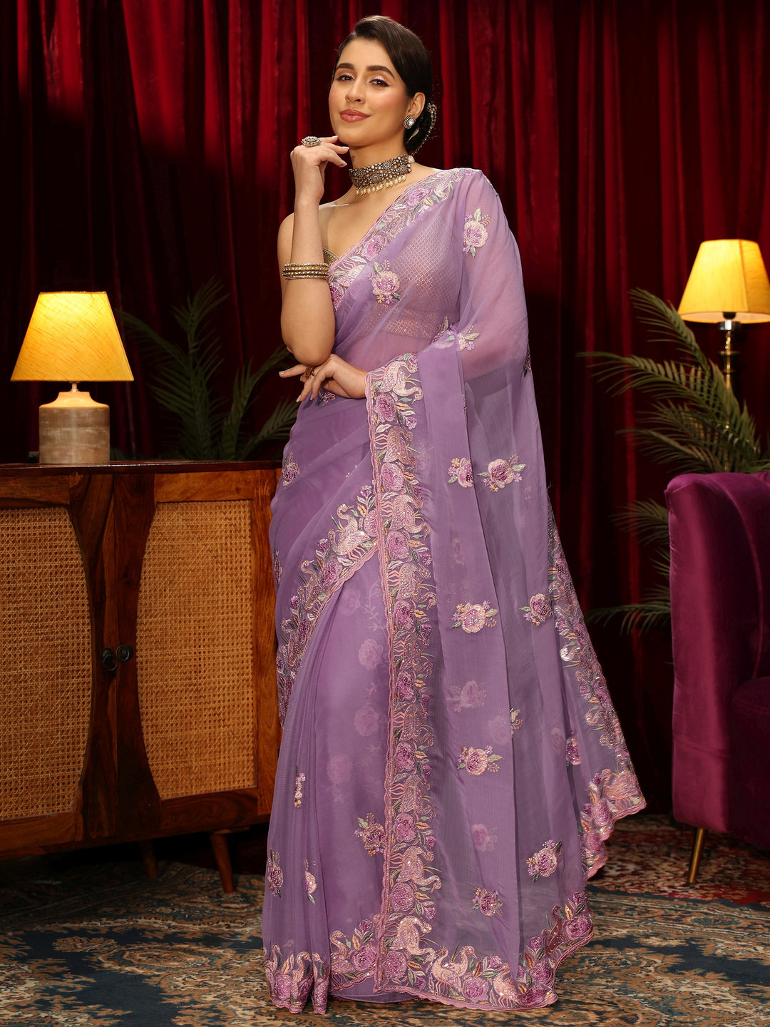  Libas Lilac Floral Embellished Tissue Saree 