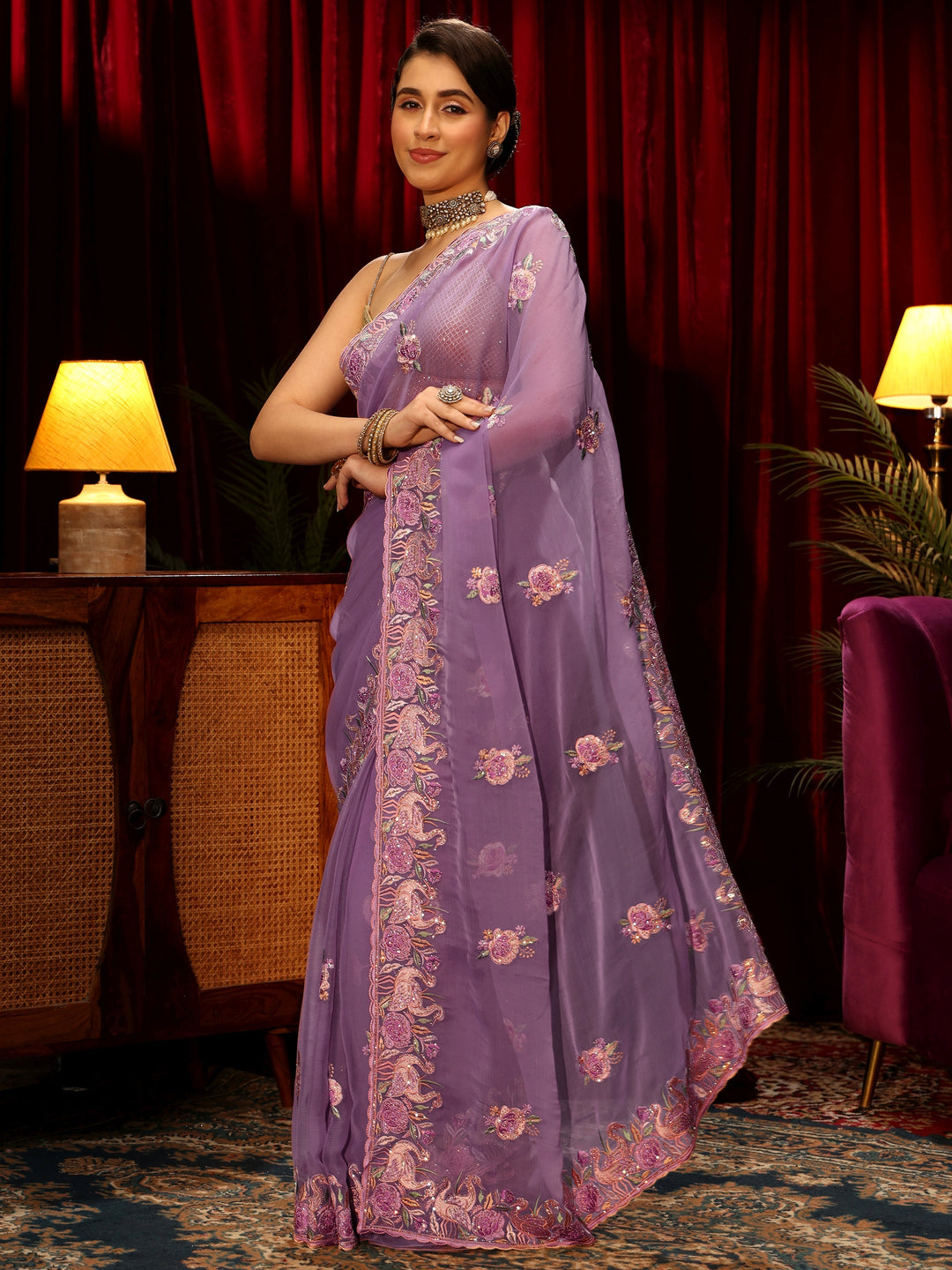  Libas Lilac Floral Embellished Tissue Saree 