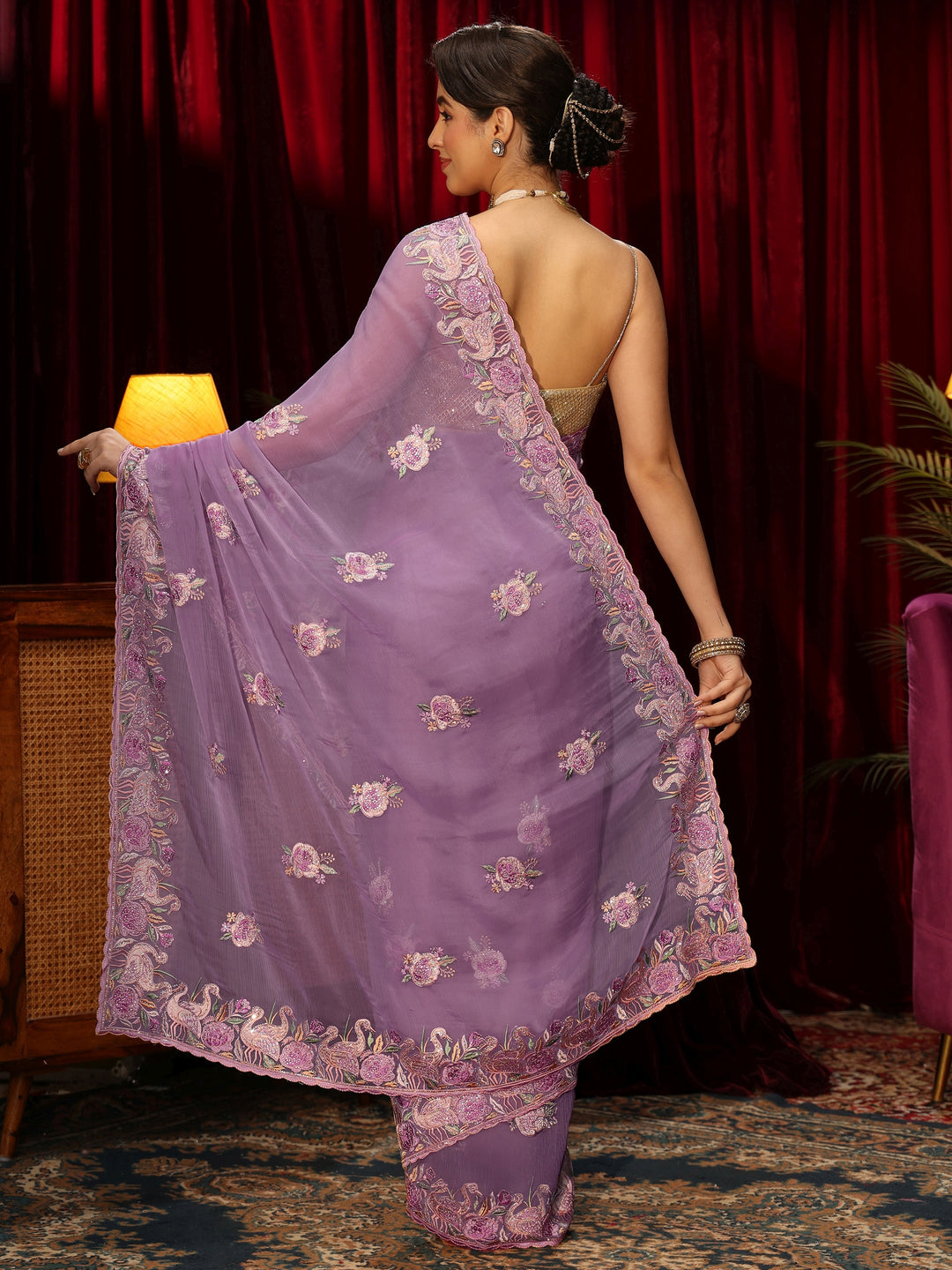  Libas Lilac Floral Embellished Tissue Saree 