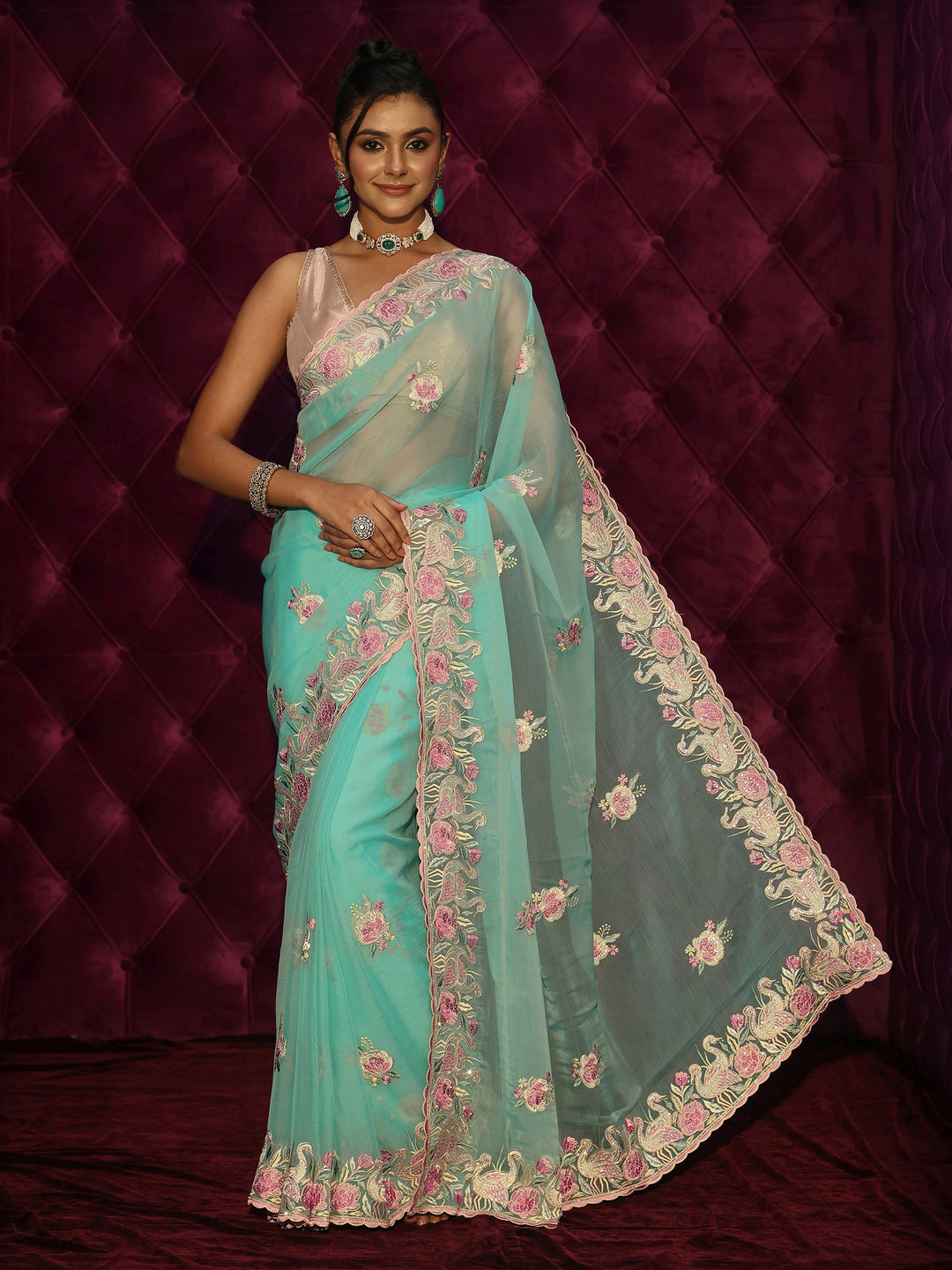  Libas Sea Green Floral Stone Work Embellished Tissue Saree 