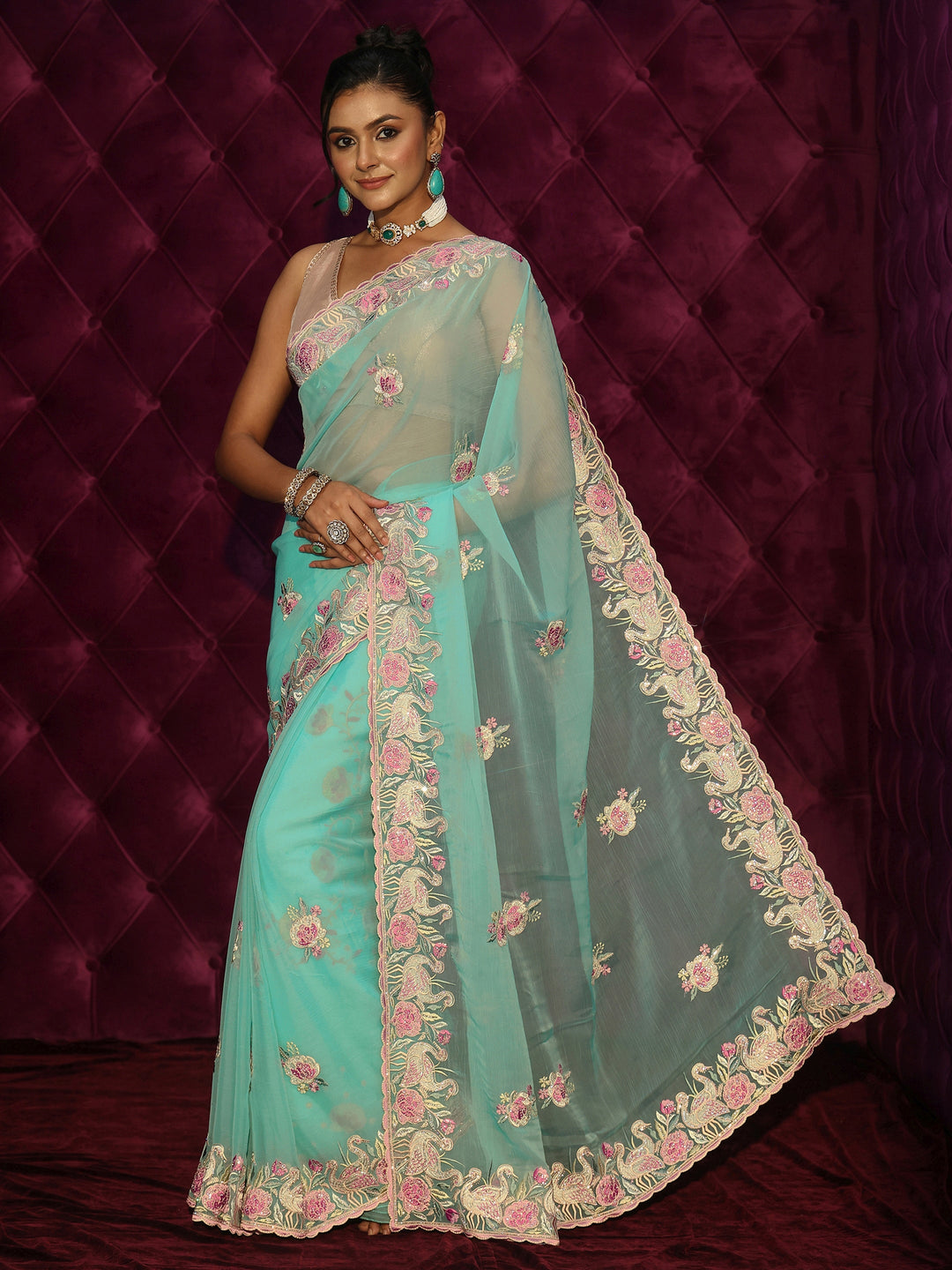  Libas Sea Green Floral Stone Work Embellished Tissue Saree 
