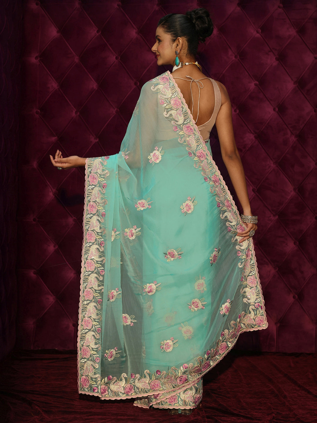  Libas Sea Green Floral Stone Work Embellished Tissue Saree 