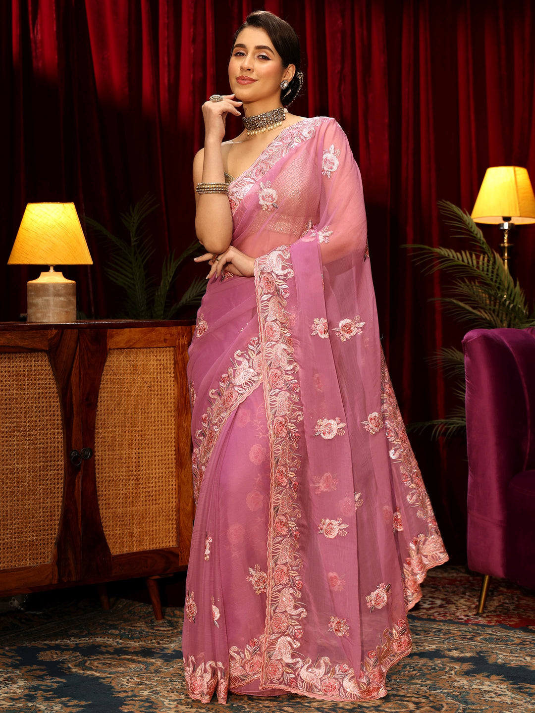  Libas Pink Floral Embellished Tissue Saree 