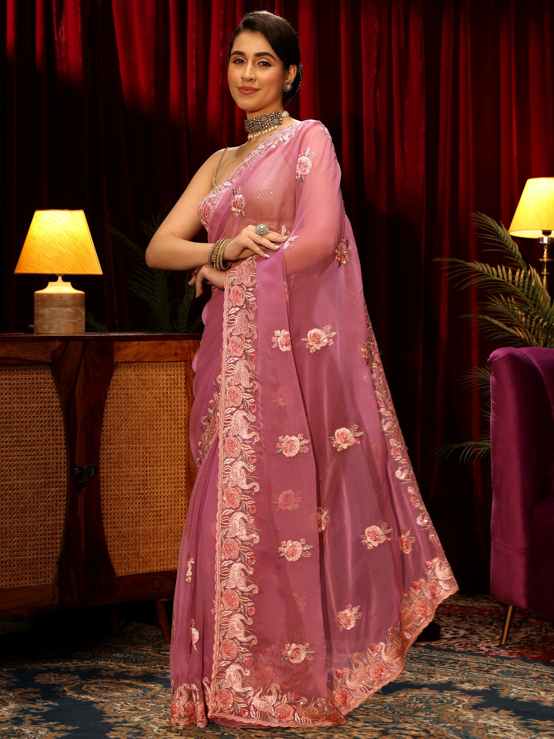  Libas Pink Floral Embellished Tissue Saree 