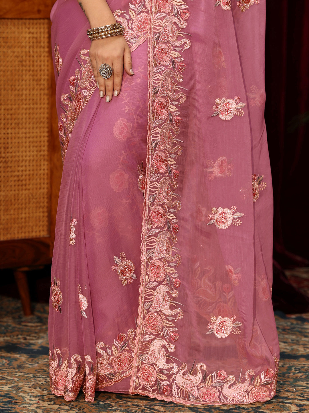  Libas Pink Floral Embellished Tissue Saree 
