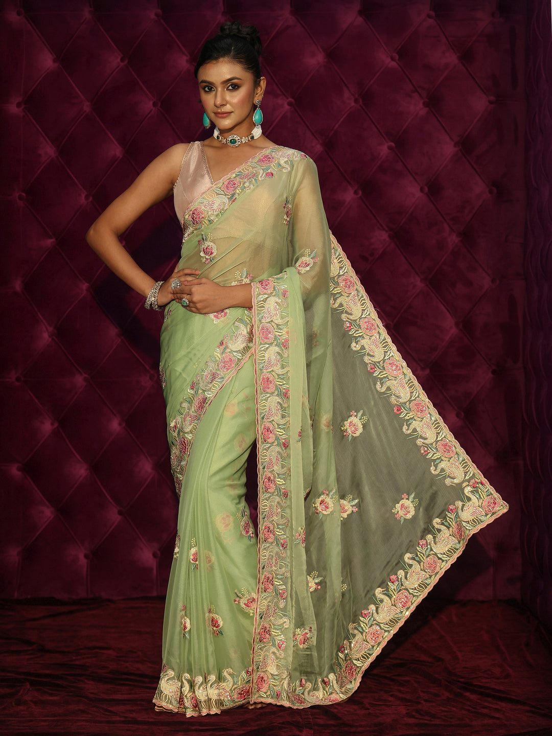  Libas Pista Green Floral Stone Work Embellished Tissue Saree 