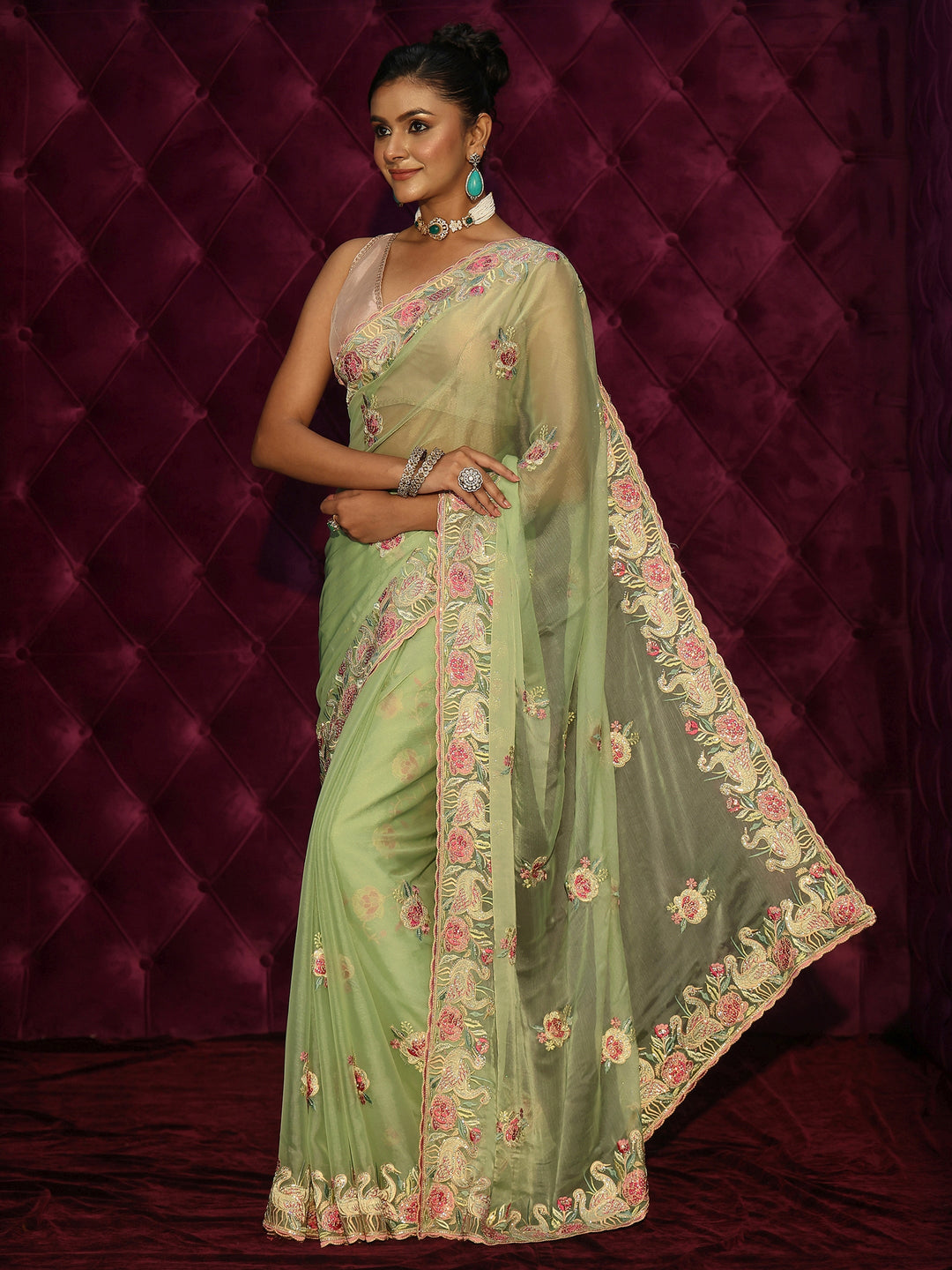  Libas Pista Green Floral Stone Work Embellished Tissue Saree 