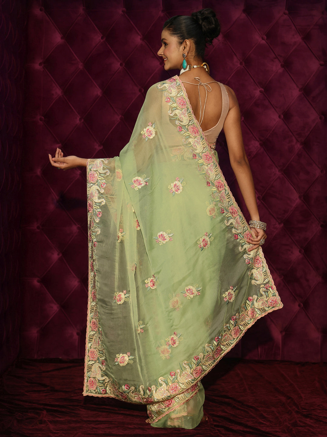  Libas Pista Green Floral Stone Work Embellished Tissue Saree 
