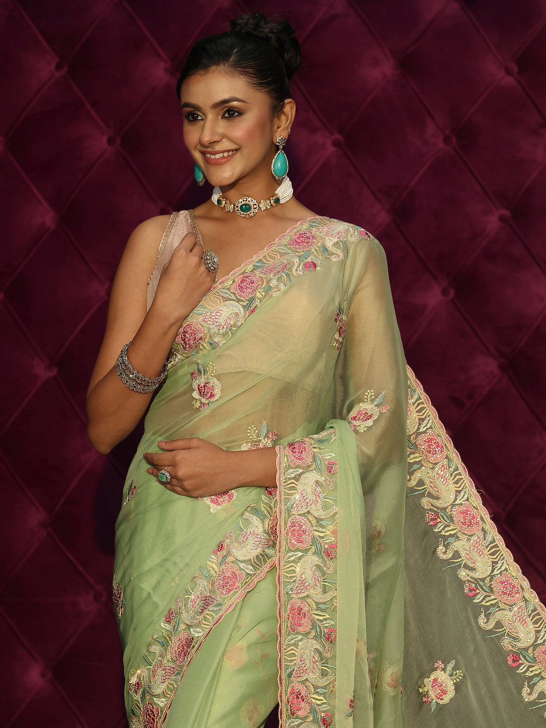  Libas Pista Green Floral Stone Work Embellished Tissue Saree 