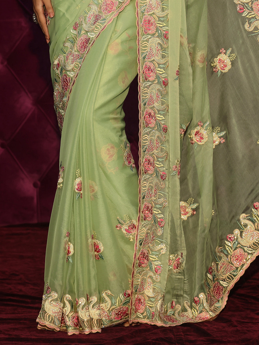  Libas Pista Green Floral Stone Work Embellished Tissue Saree 