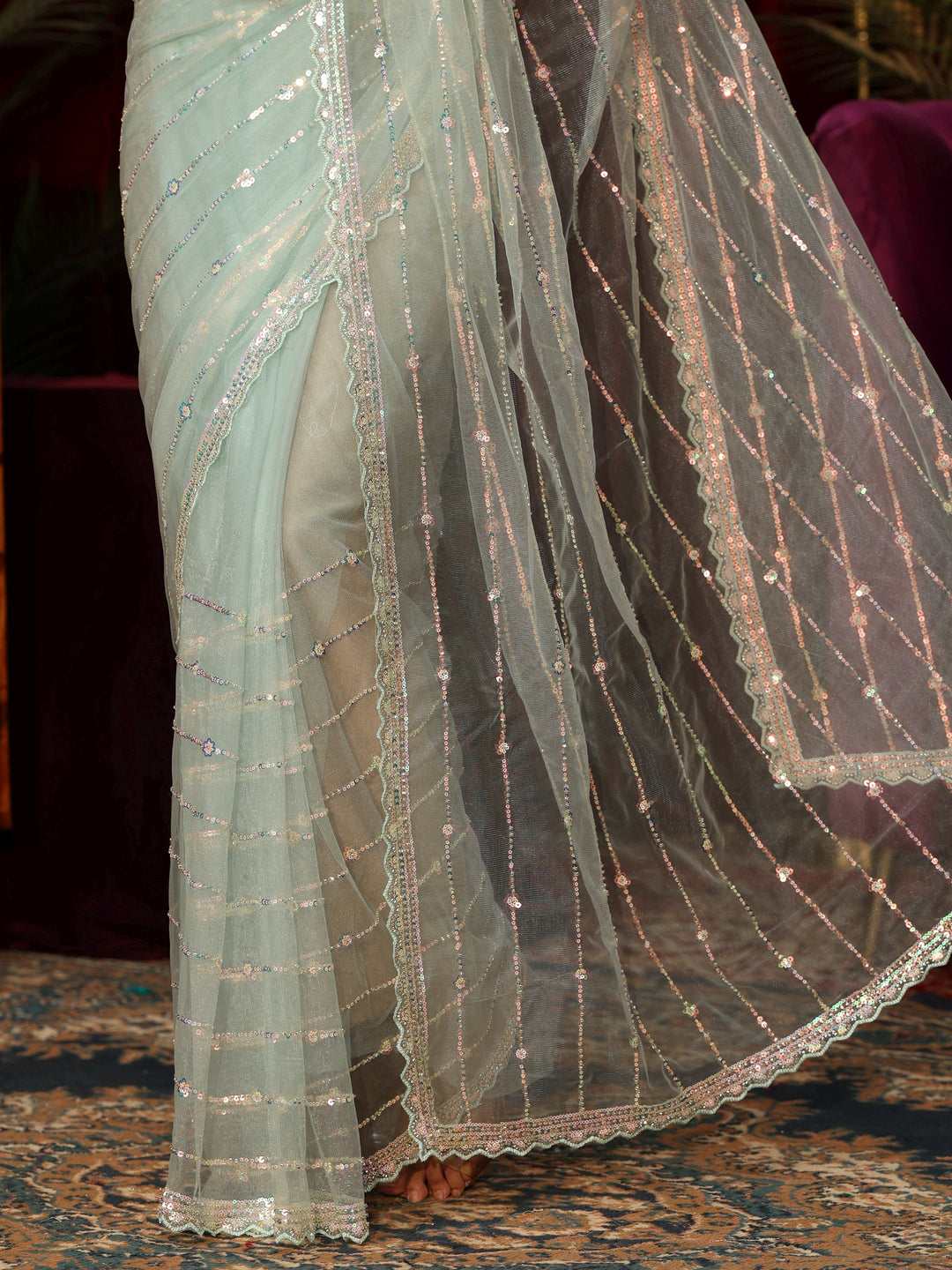  Libas Powder Blue Sequin Embellished Net Saree 