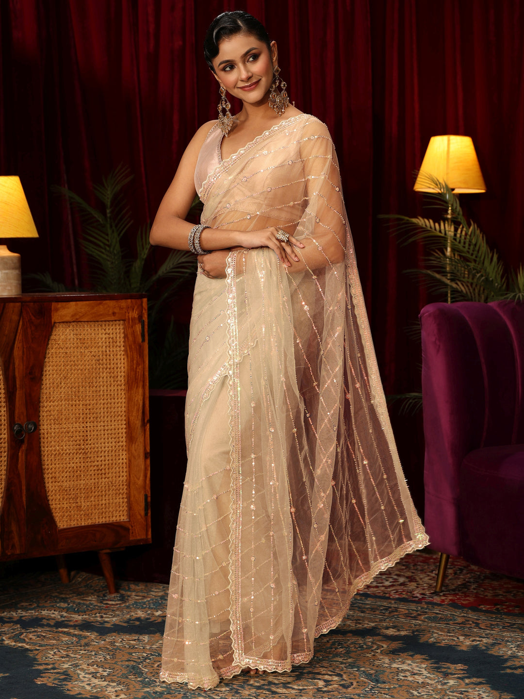  Libas Cream Sequin Embellished Net Saree 