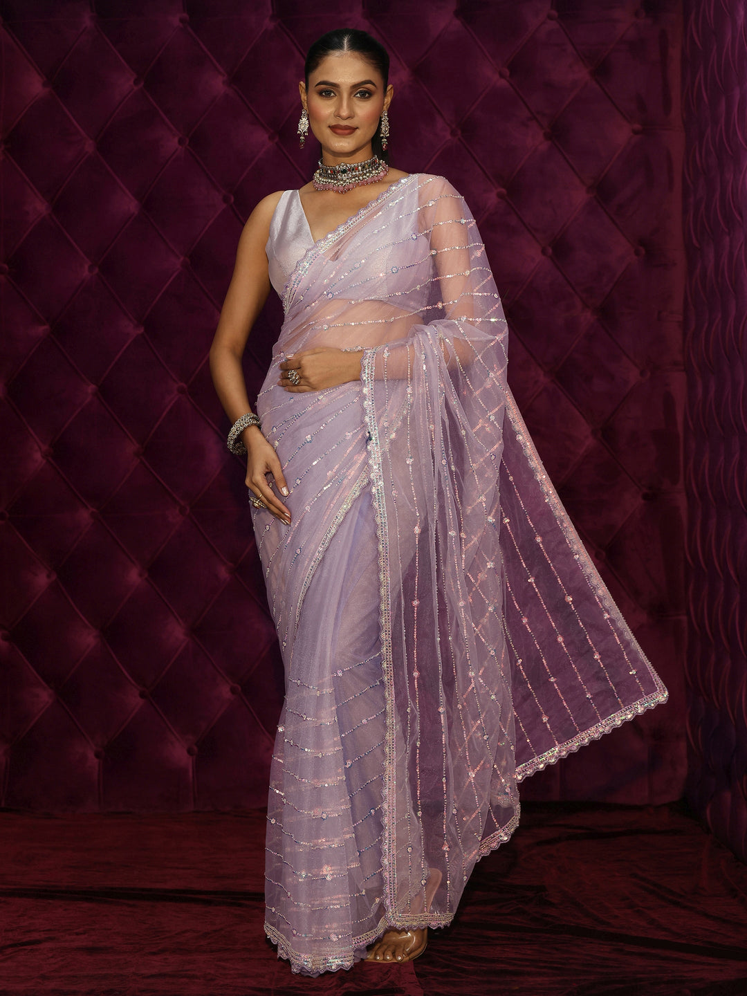  Libas Lavender Sequin Embellished Net Saree 