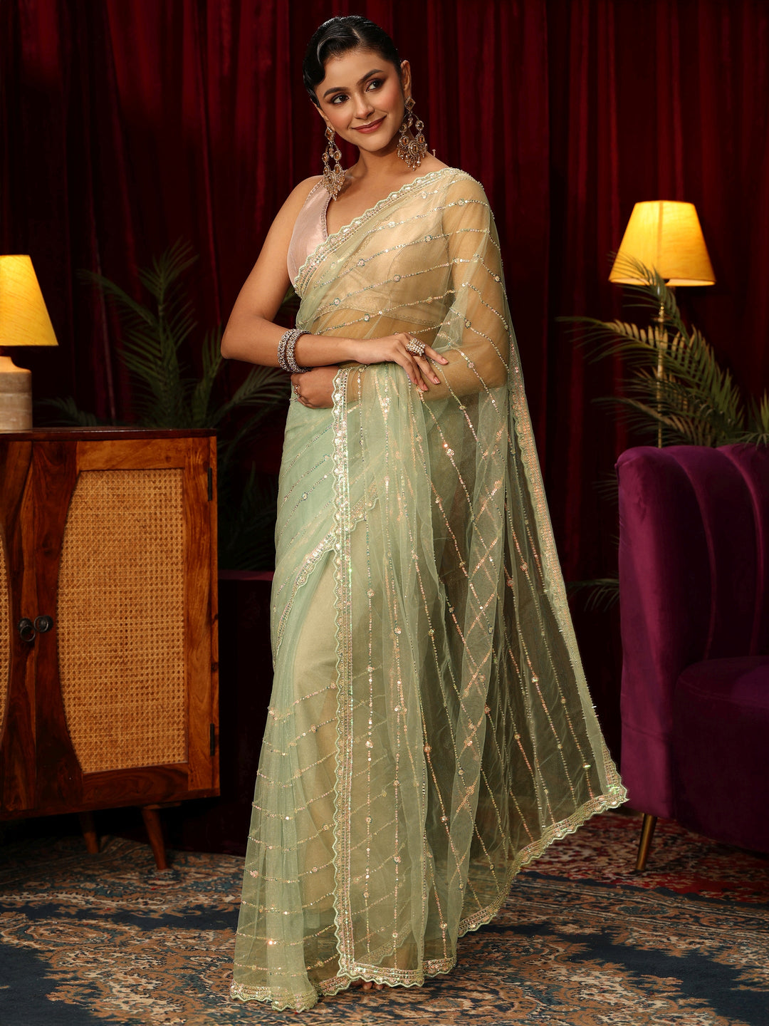  Libas Green Sequin Embellished Net Saree 