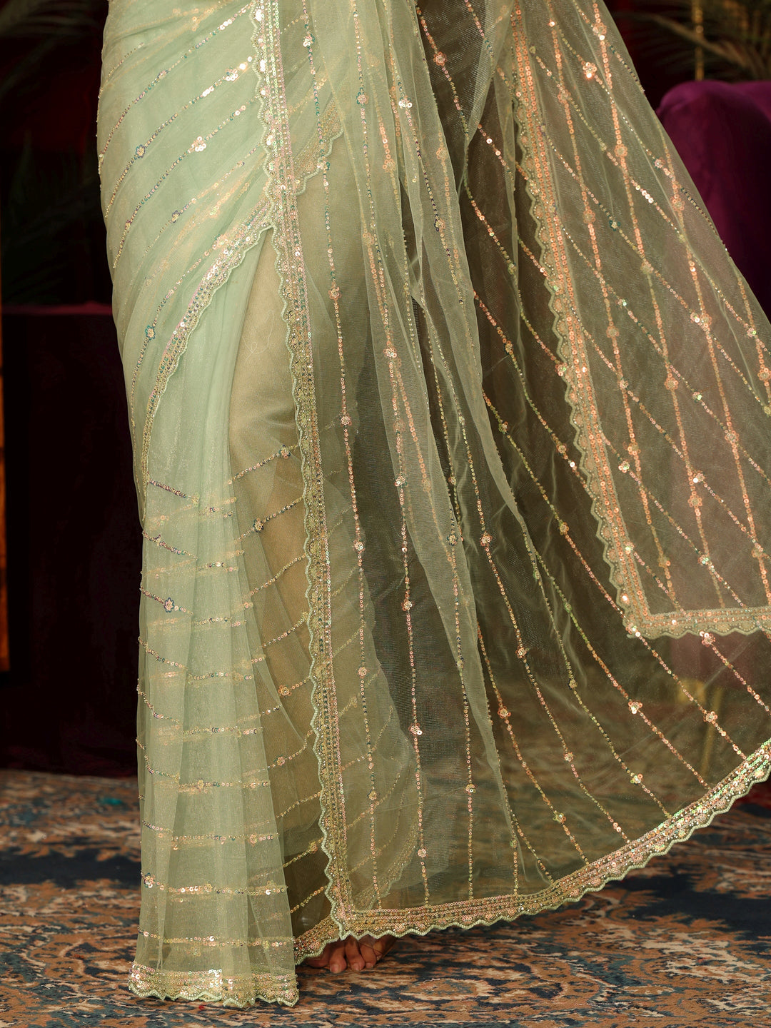  Libas Green Sequin Embellished Net Saree 