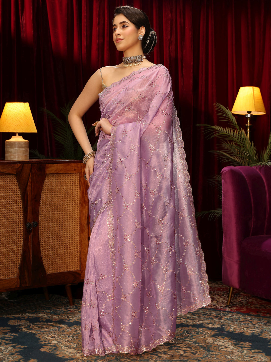  Libas Art Lavender Stone Work Tissue Saree 