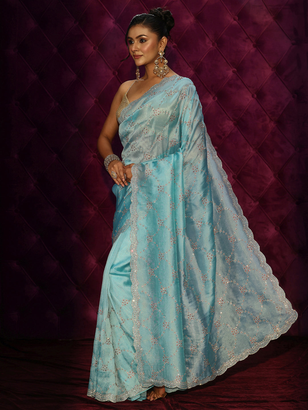  Libas Art Aqua Blue Stone Work Embellished Tissue Saree 