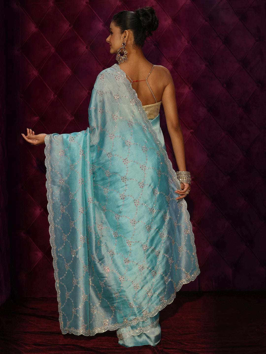  Libas Art Aqua Blue Stone Work Embellished Tissue Saree 