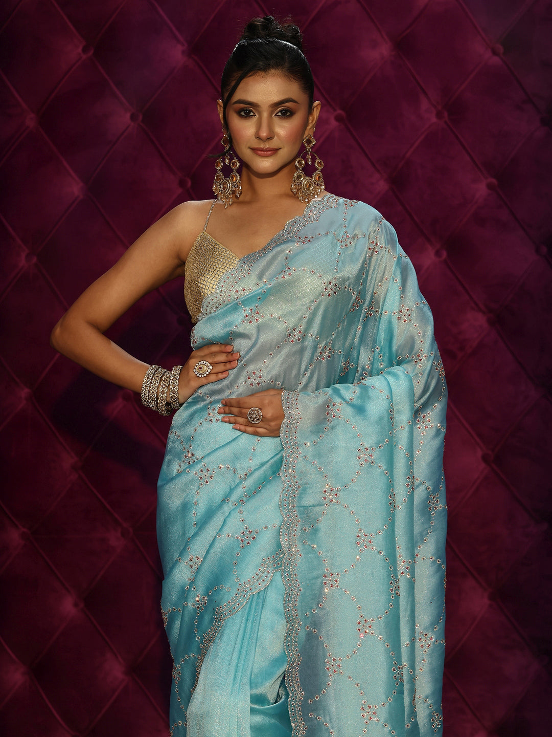  Libas Art Aqua Blue Stone Work Embellished Tissue Saree 