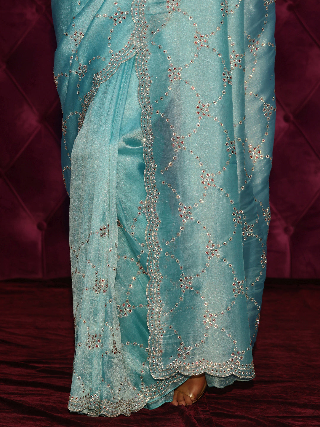  Libas Art Aqua Blue Stone Work Embellished Tissue Saree 