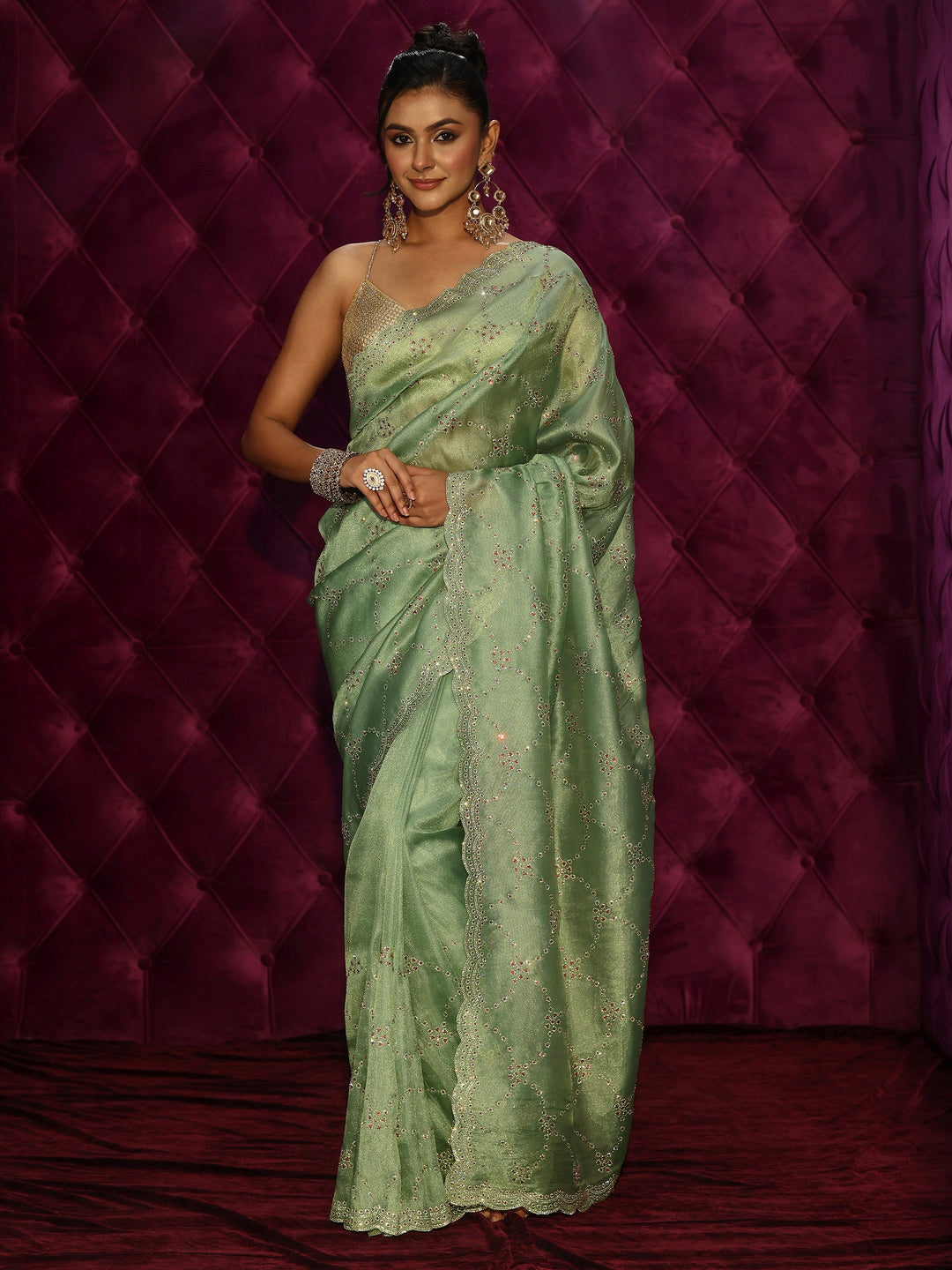  Libas Art Green Stone Work Embellished Tissue Saree 