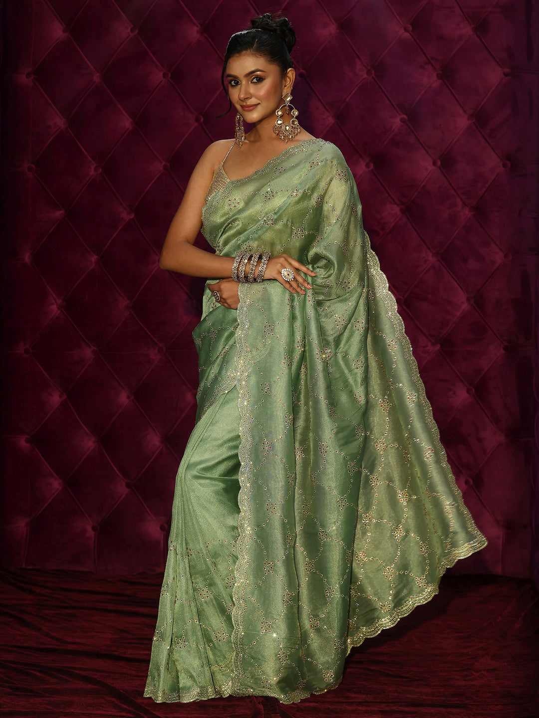  Libas Art Green Stone Work Embellished Tissue Saree 