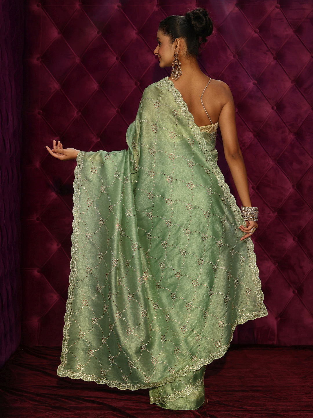  Libas Art Green Stone Work Embellished Tissue Saree 